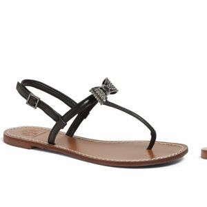 Tory Burch Bryn Pave Bow Flat Thong Sandals, Black Leather, women, 6M